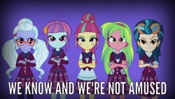 Size: 1280x720 | Tagged: safe, imported from derpibooru, screencap, indigo zap, lemon zest, sour sweet, sugarcoat, sunny flare, equestria girls, friendship games, angry, clothes, crossed arms, crystal prep academy uniform, crystal prep shadowbolts, looking at you, meme, school uniform, shadow five, shadowbolt comments, sour sweet is not amused, unamused, unleash the magic