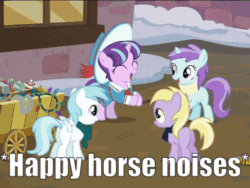 Size: 480x360 | Tagged: safe, imported from derpibooru, screencap, cotton cloudy, dinky hooves, liza doolots, petunia, princess luna, snowfall frost, spirit of hearth's warming yet to come, starlight glimmer, tootsie flute, moth, pony, a hearth's warming tail, angry moth noises, animated, caption, descriptive noise, female, gif with captions, hoofy-kicks, horse noises, meme, moth noises