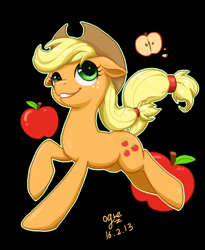 Size: 3070x3743 | Tagged: safe, artist:ogre, imported from derpibooru, applejack, apple, black background, female, food, pixiv, simple background, solo