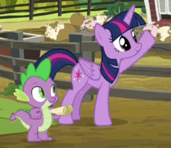Size: 468x405 | Tagged: safe, imported from derpibooru, screencap, spike, twilight sparkle, alicorn, pony, applejack's "day" off, animated, loop, smile and wave, smiling, twilight sparkle (alicorn), waving