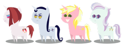 Size: 1024x368 | Tagged: safe, artist:ginkadia, deleted from derpibooru, imported from derpibooru, cayenne, moonlight raven, north point, sunshine smiles, pony, unicorn, canterlot boutique, female, glasses, mare, photoshop, pointy ponies, simple background, transparent background