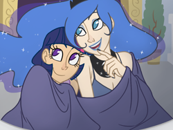 Size: 1024x768 | Tagged: safe, artist:thelivingmachine02, imported from derpibooru, princess luna, twilight sparkle, human, blanket, duo, female, humanized, lipstick, nail polish, open mouth, pointing, smiling