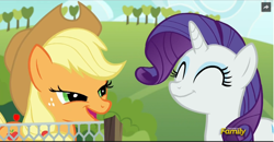 Size: 1048x546 | Tagged: safe, imported from derpibooru, screencap, applejack, rarity, applejack's "day" off, discovery family logo, faic, sweet apple acres
