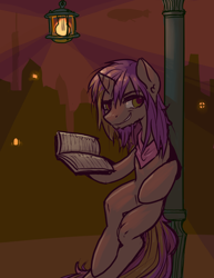 Size: 1280x1656 | Tagged: safe, artist:inlucidreverie, imported from derpibooru, oc, oc only, pony, unicorn, roan rpg, bipedal, bipedal leaning, book, city, cityscape, facial hair, lamp, lamppost, leaning, smiling, solo