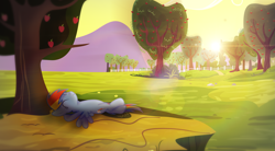 Size: 3619x1993 | Tagged: safe, artist:aelioszero, imported from derpibooru, rainbow dash, pegasus, pony, eyes closed, female, mare, relaxed, solo, sweet apple acres