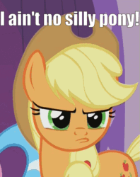 Size: 537x679 | Tagged: safe, edit, edited screencap, imported from derpibooru, screencap, applejack, pony, applejack's "day" off, animated, blatant lies, caption, female, gif with captions, image macro, liarjack, meme, pouting, silly, silly pony, who's a silly pony