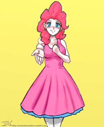 Size: 800x970 | Tagged: safe, artist:ixalon, artist:johnjoseco, color edit, edit, imported from derpibooru, pinkie pie, human, blushing, clothes, colored, cute, diapinkes, dress, female, humanized, looking at you, simple background, solo, yellow background