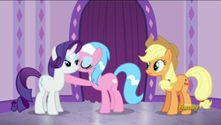Size: 1920x1080 | Tagged: safe, imported from derpibooru, screencap, aloe, rarity, applejack's "day" off, air kiss, cheek kiss, discovery family logo, greeting, kiss on the cheek, kissing, la bise, platonic kiss