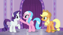 Size: 791x439 | Tagged: safe, imported from derpibooru, screencap, aloe, applejack, rarity, pony, applejack's "day" off, air kiss, animated, cheek kiss, discovery family logo, female, greeting, kiss on the cheek, kissing, la bise, platonic kiss