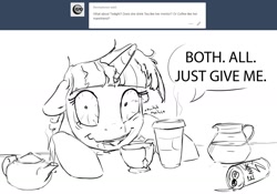 Size: 1280x894 | Tagged: safe, artist:silfoe, imported from derpibooru, twilight sparkle, alicorn, pony, royal sketchbook, bloodshot eyes, caffeine, coffee, energy drink, female, floppy ears, food, grayscale, monochrome, sketch, solo, tea, tumblr, twilight sparkle (alicorn)