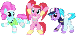 Size: 7935x3687 | Tagged: safe, artist:cheezedoodle96, derpibooru exclusive, imported from derpibooru, azure velour, flashdancer, pacific glow, pony, the saddle row review, .svg available, absurd resolution, baseball cap, bipedal, clothes, dancing, hat, headband, inkscape, leg warmers, motion lines, necklace, pacifier, pants, simple background, svg, tanktop, transparent background, twerking, vector, vest, wristband