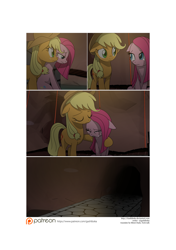 Size: 3541x5016 | Tagged: safe, artist:gashiboka, imported from derpibooru, applejack, pinkie pie, earth pony, pony, comic:recall the time of no return, absurd resolution, comic, crying, no dialogue, patreon, patreon logo, pinkamena diane pie