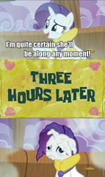 Size: 571x960 | Tagged: safe, edit, edited screencap, imported from derpibooru, screencap, rarity, pony, unicorn, applejack's "day" off, 3 panel comic, caption, comic, female, mare, prunity, sb-129, spa, spongebob squarepants, spongebob time card, text, vein, wet painters