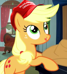 Size: 420x469 | Tagged: safe, edit, edited screencap, imported from derpibooru, screencap, applejack, 1000 years in photoshop, amerijack, donald trump, hat, make america great again, mouthpiece, murica, op is a duck, op is trying to start shit, politics, shitposting