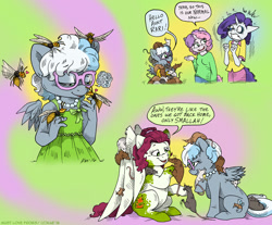 Size: 1300x1075 | Tagged: safe, artist:kaemantis, imported from derpibooru, rarity, sweetie belle, oc, oc:silver belle, oc:sweet pepper, anthro, hornet, mouse, rat, wasp, adopted offspring, alternate universe, clothes, glasses, horrified, magical lesbian spawn, necklace, offspring, open mouth, parent:babs seed, parent:silver spoon, parent:sweetie belle, parent:twist, parents:babstwist, parents:silverbelle, pearl necklace, raised hoof, sitting, speech bubble