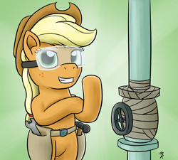 Size: 1280x1152 | Tagged: safe, artist:mkogwheel, imported from derpibooru, applejack, applejack's "day" off, duct tape, female, hind legs, rosie the riveter, safety goggles, solo, that was fast, toolbelt, valve