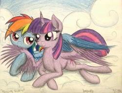 Size: 1025x779 | Tagged: safe, artist:thefriendlyelephant, imported from derpibooru, rainbow dash, twilight sparkle, twilight sparkle (alicorn), alicorn, pegasus, pony, bedroom eyes, cloud, cute, female, lesbian, preening, shipping, traditional art, twidash
