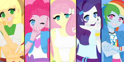 Size: 849x424 | Tagged: safe, artist:felixaimeegarcia, imported from derpibooru, applejack, fluttershy, pinkie pie, rainbow dash, rarity, equestria girls