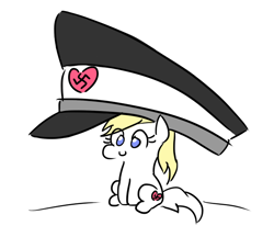 Size: 692x598 | Tagged: safe, artist:jargon scott, imported from derpibooru, oc, oc only, oc:aryanne, pony, c:, chibi, cute, giant hat, hat, impossibly large hat, nazi, ocbetes, simple background, sitting, smiling, solo, swastika, tiny ponies, white background