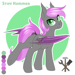 Size: 956x950 | Tagged: safe, artist:peridotkitty, artist:silkensaddle, imported from derpibooru, oc, oc only, oc:stiff hammer, bat pony, pony, reference sheet, solo, spread wings