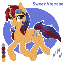 Size: 991x950 | Tagged: safe, artist:peridotkitty, artist:silkensaddle, imported from derpibooru, oc, oc only, oc:sweet voltage, pony, unicorn, goggles, looking at you, reference sheet, solo