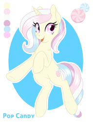 Size: 950x1243 | Tagged: safe, artist:peridotkitty, artist:silkensaddle, imported from derpibooru, oc, oc only, oc:pop candy, pony, unicorn, looking at you, reference sheet, solo