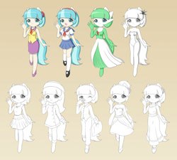 Size: 2000x1800 | Tagged: safe, artist:jdan-s, imported from derpibooru, coco pommel, anthro, gardevoir, alternate hairstyle, clothes, cocobetes, costume, cute, dress, fashion style, female, formal, high heels, mary janes, one-piece swimsuit, pajamas, pillow, pleated skirt, pokémon, sailor uniform, school uniform, shoes, skirt, socks, solo, swimsuit, wip, yawn