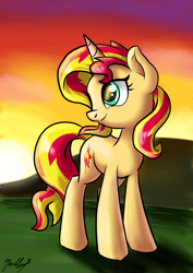 Size: 4133x5846 | Tagged: safe, artist:gaelledragons, imported from derpibooru, sunset shimmer, pony, unicorn, absurd resolution, backwards cutie mark, female, solo, sunset, sunshine shimmer