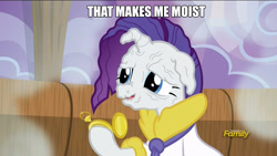 Size: 1000x563 | Tagged: safe, edit, edited screencap, imported from derpibooru, screencap, rarity, applejack's "day" off, caption, discovery family logo, image macro, meme, moist, prunity, vein