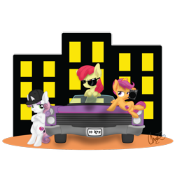 Size: 1600x1600 | Tagged: safe, artist:dr-whiskey, imported from derpibooru, apple bloom, scootaloo, sweetie belle, bipedal, boombox, cadillac, car, commission, cutie mark, cutie mark crusaders, hip hop, sunglasses, the cmc's cutie marks