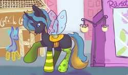 Size: 1382x820 | Tagged: safe, artist:mangajag, imported from derpibooru, oc, oc only, oc:echo, changeling, clothes, equestria2101, female, shops, socks, solo, yellow changeling