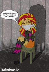 Size: 1280x1871 | Tagged: safe, artist:robukun, imported from derpibooru, sunset shimmer, equestria girls, bondage, chair, cloth gag, gag, help me, muffled words, rope