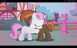 Size: 1280x800 | Tagged: safe, artist:mr kupkake, imported from derpibooru, button mash, sweetie belle, earth pony, pony, strangers, colt, female, hug, male, scratch21, shipping, straight, sweetiemash, youtube link