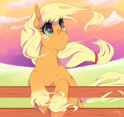 Size: 967x910 | Tagged: safe, artist:qatsby, imported from derpibooru, applejack, earth pony, pony, cute, female, fence, hatless, jackabetes, mare, missing accessory, reflection, shooting star, solo, twilight (astronomy), unshorn fetlocks, windswept mane