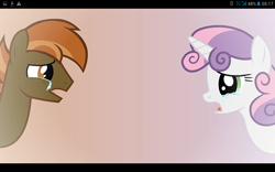 Size: 1280x800 | Tagged: safe, artist:mr kupkake, imported from derpibooru, button mash, sweetie belle, earth pony, pony, strangers, crying, female, filly, male, older, scratch21, shipping, stallion, straight, sweetiemash, youtube link