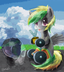 Size: 4307x4818 | Tagged: safe, artist:owlvortex, imported from derpibooru, oc, oc only, oc:wheely bopper, original species, pony, wheelpone, absurd resolution, helmet, not a contest, solo, tongue out, trophy