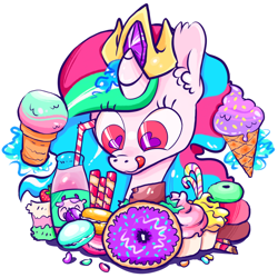 Size: 970x970 | Tagged: safe, artist:burrburro, imported from derpibooru, princess celestia, cake, cakelestia, candy, color porn, donut, female, food, heart eyes, licking, licking lips, macaron, solo, tongue out, wingding eyes