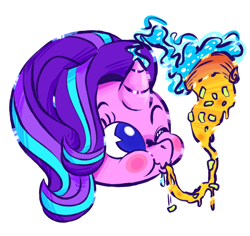 Size: 850x802 | Tagged: dead source, safe, artist:burrburro, imported from derpibooru, starlight glimmer, pony, unicorn, bust, disembodied head, female, food, full mouth, head, magic, mare, no pupils, one eye closed, pineapple pizza, pizza, portrait, simple background, solo, telekinesis, that pony sure does love pineapple pizza, white background