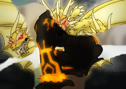 Size: 1280x900 | Tagged: safe, artist:faith-wolff, imported from derpibooru, kaiju, fanfic:the bridge, enjin, godzilla (series), kaiser ghidorah, kaizer ghidorah, keizer ghidorah, king ghidorah