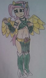 Size: 1385x2315 | Tagged: safe, artist:wolf, imported from derpibooru, fluttershy, bird, human, belly button, element of kindness, elements of harmony, female, high heel boots, humanized, leaves, loincloth, midriff, solo, traditional art, warrior, winged humanization