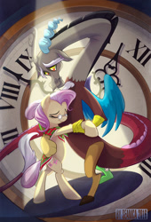 Size: 1079x1591 | Tagged: safe, artist:seanica, imported from derpibooru, discord, fluttershy, draconequus, pegasus, pony, clock, crying, dancing, discoshy, elderly, feels, female, immortality blues, male, older, older fluttershy, shipping, straight