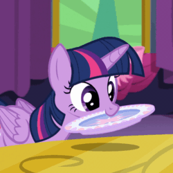 Size: 486x486 | Tagged: safe, edit, edited screencap, imported from derpibooru, screencap, twilight sparkle, twilight sparkle (alicorn), alicorn, pony, no second prances, adorkable, animated, cute, dork, female, mare, mouth hold, nom, plate, proper silverware placement, reversed, smiling, solo, table, twiabetes, weapons-grade cute