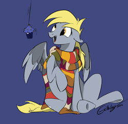 Size: 1024x1001 | Tagged: safe, artist:rutkotka, imported from derpibooru, derpy hooves, pegasus, pony, clothes, doctor who, female, food, fourth doctor's scarf, mare, muffin, scarf, solo, striped scarf, tardis