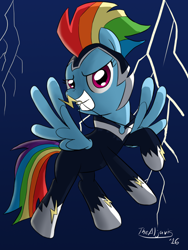 Size: 3000x4000 | Tagged: safe, artist:thealjavis, imported from derpibooru, rainbow dash, zapp, power ponies (episode), absurd resolution, female, flying, lightning, mouth hold, necklace, pendant, power ponies, signature, solo, superhero