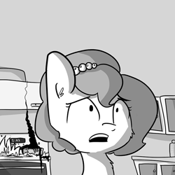 Size: 784x784 | Tagged: safe, artist:tjpones, artist:tjpones edits, edit, editor:dsp2003, imported from derpibooru, oc, oc only, oc:brownie bun, horse wife, ask, burning stove, fire, grayscale, monochrome, open mouth, property damage, solo, stove, textless, tumblr