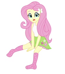 Size: 1024x1158 | Tagged: dead source, safe, artist:sumin6301, imported from derpibooru, fluttershy, equestria girls, clothes, female, missing shoes, open mouth, simple background, sitting, skirt, skirt pull, socks, solo, tanktop, white background