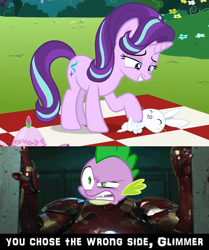 Size: 1500x1796 | Tagged: safe, edit, edited screencap, hundreds of users filter this tag, imported from derpibooru, screencap, angel bunny, spike, starlight glimmer, pony, unicorn, no second prances, angry, captain america: civil war, caption, elevator, female, image macro, implied starbunny, iron man, jealous, male, meme, picnic, shipping, smiling, sparlight, starbunny, starlight is a bunny fondler, straight, teeth, text, tickling