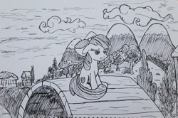 Size: 1505x1000 | Tagged: dead source, safe, artist:jklrxdk, imported from derpibooru, apple bloom, on your marks, bridge, cutie mark, female, monochrome, ponyville, redraw, scene interpretation, solo, the cmc's cutie marks, traditional art