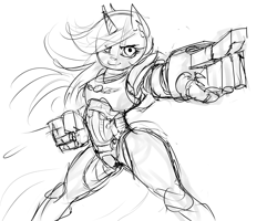 Size: 1280x1024 | Tagged: safe, artist:mod-of-chaos, imported from derpibooru, lyra heartstrings, anthro, armor, crossover, female, monochrome, power armor, power fist, powered exoskeleton, sketch, solo, warhammer (game), warhammer 40k