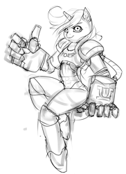 Size: 1280x1760 | Tagged: safe, artist:mod-of-chaos, imported from derpibooru, lyra heartstrings, anthro, armor, crossover, female, monochrome, power armor, power fist, powered exoskeleton, sketch, solo, ultramarine, warhammer (game), warhammer 40k